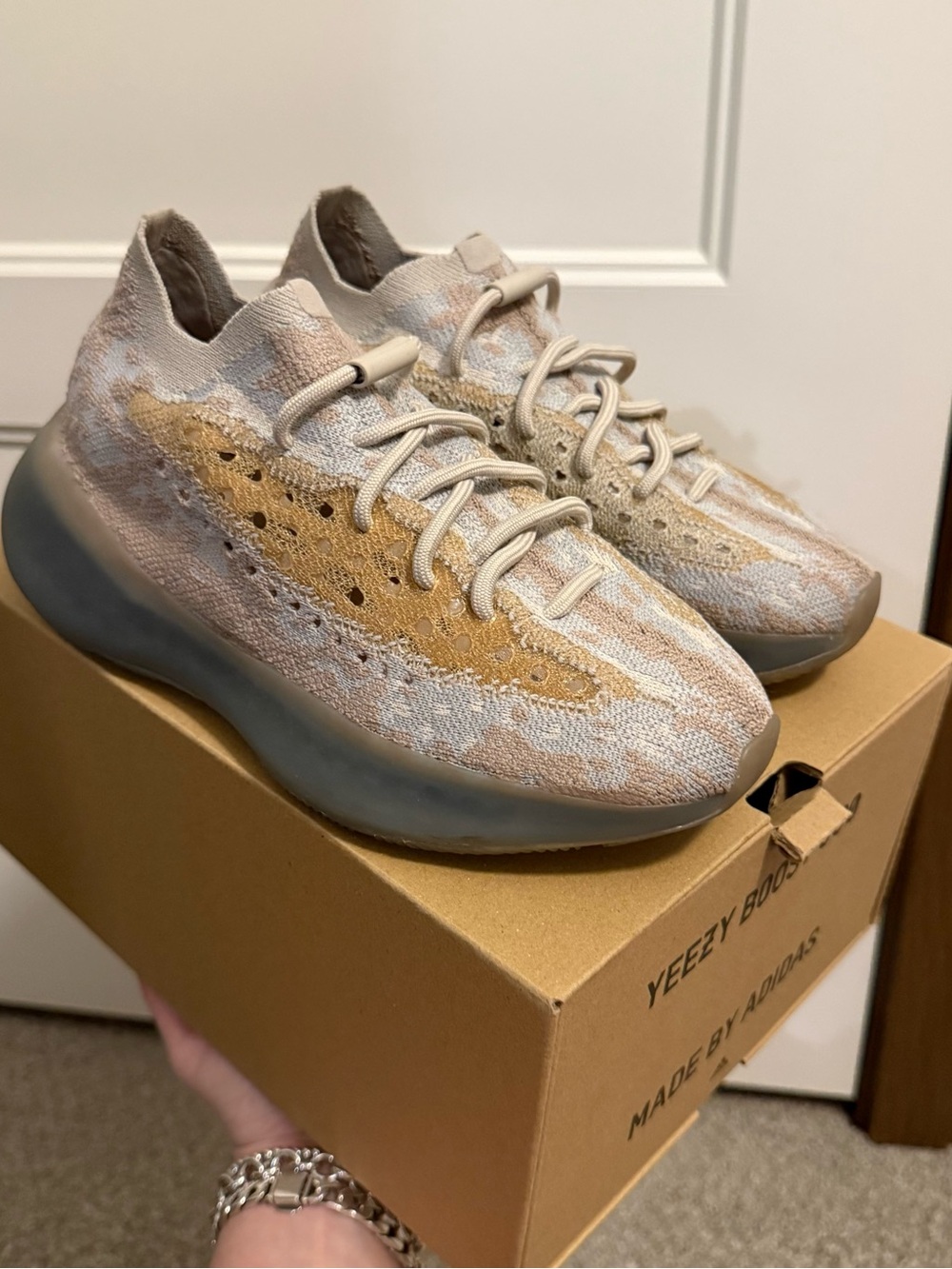 Yeezy Women's Knit Sneaker in Tan and Cream with Gold Accent